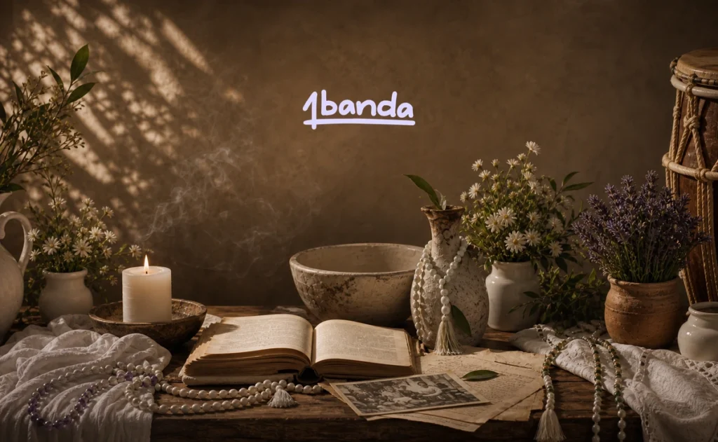 Altar com vela, flores, guias, livro antigo e atabaque em luz quente, representando a história da Umbanda