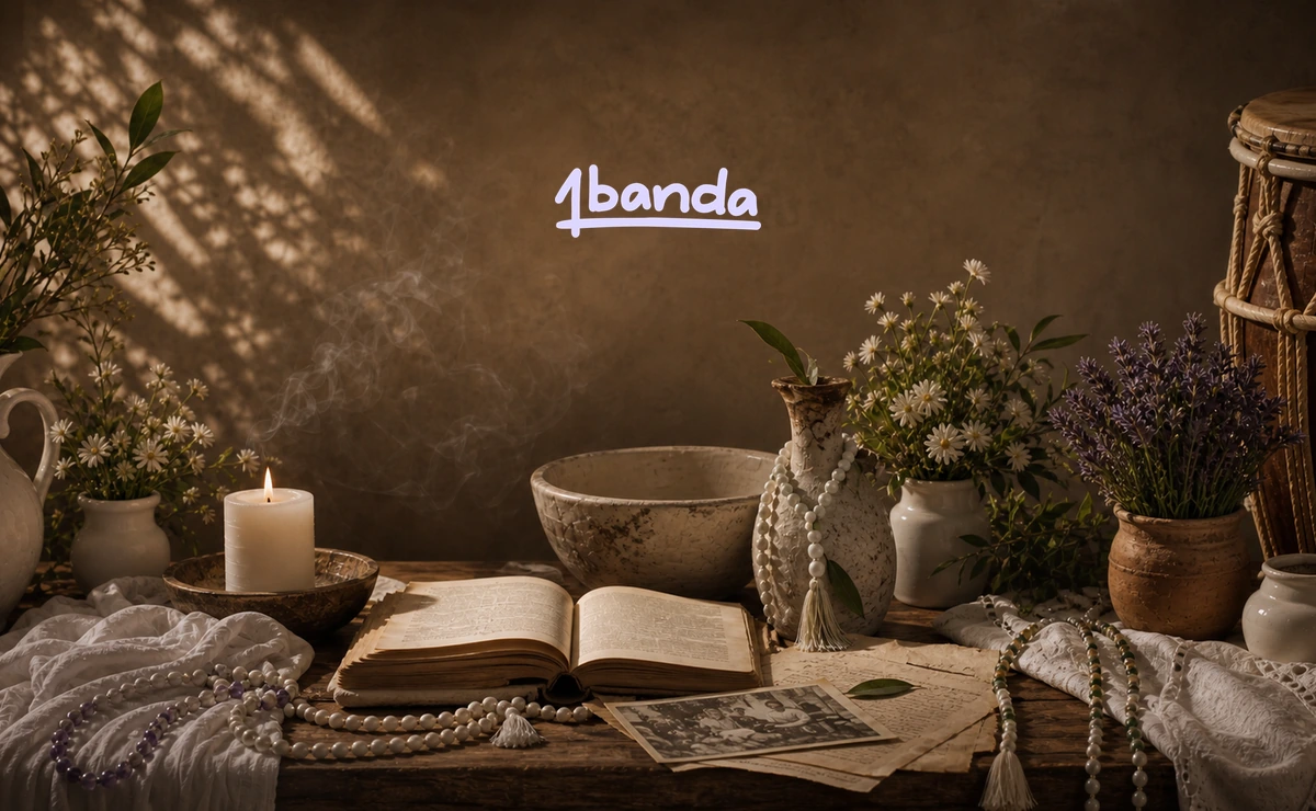Altar com vela, flores, guias, livro antigo e atabaque em luz quente, representando a história da Umbanda